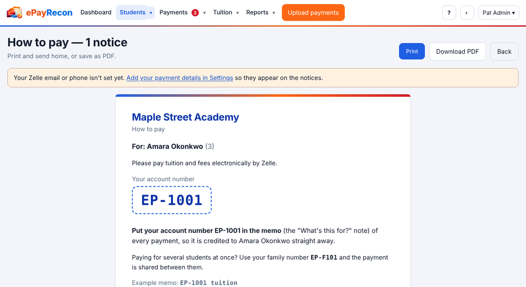 Ask payers to put the account number in the memo