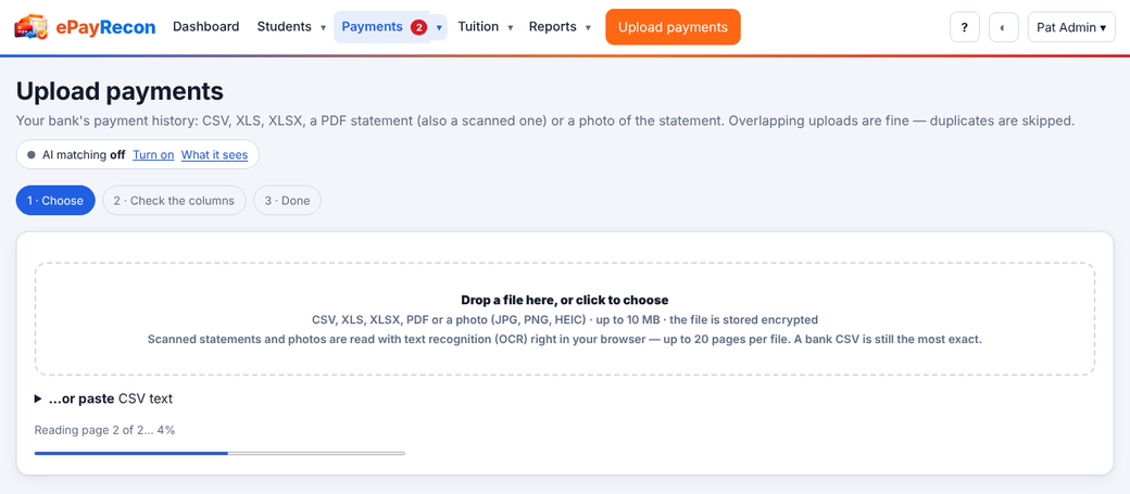 A scanned statement being read, page by page